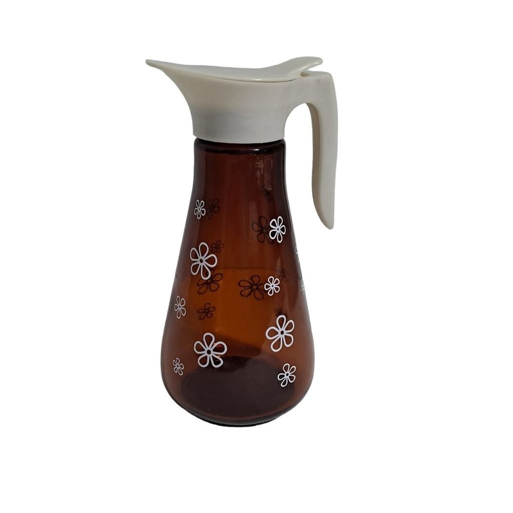 Vintage Amber Syrup Dispenser White Daisy Print Kitchy 1960s 1970s Lid Retro